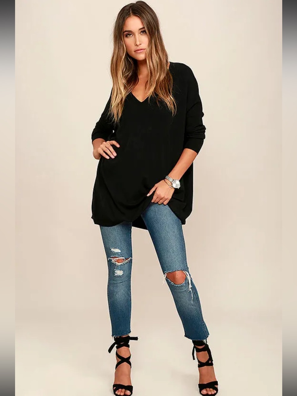 Lulus V Neck Ticket to Cozy Black Oversized Sweater Size Small/Medium